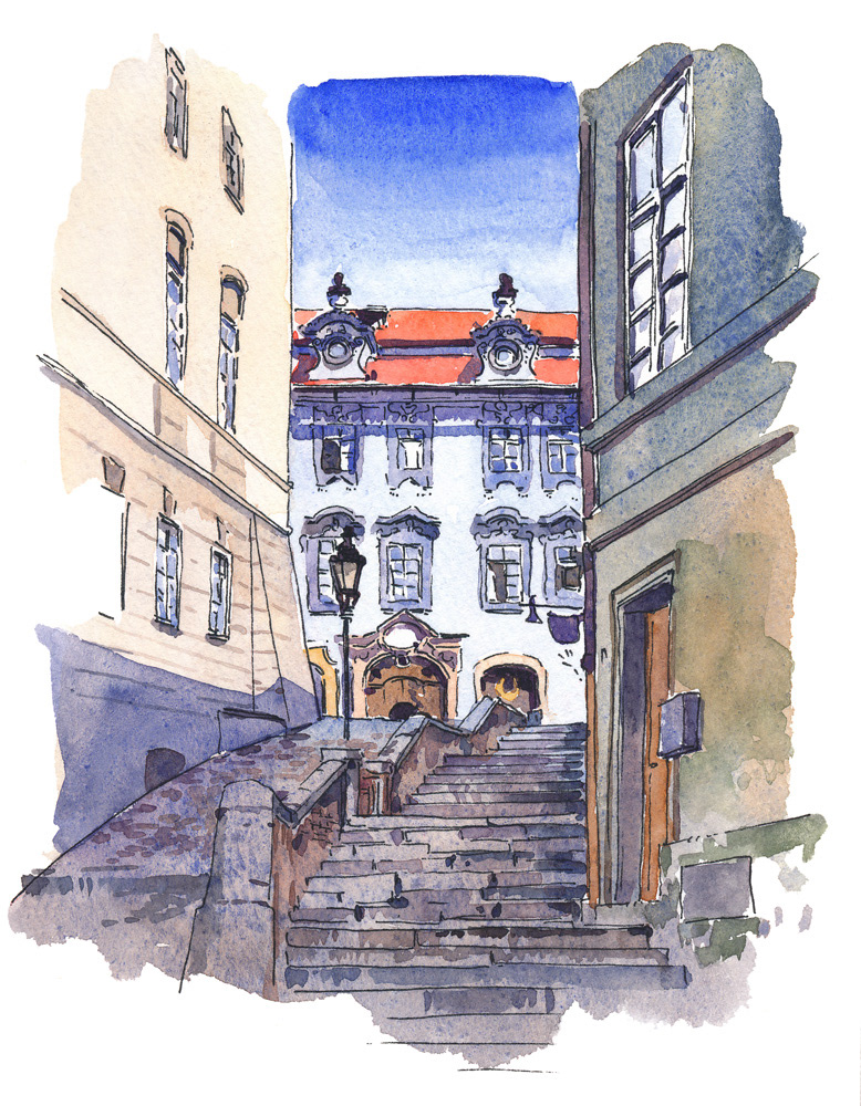 Des-aquarelles-de-Prague-par-Mateusz-Urbanowicz-5-escaliers