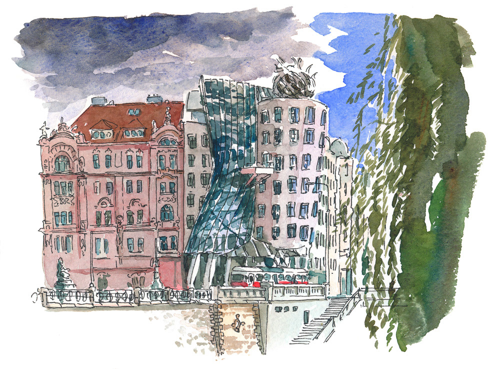 Des-aquarelles-de-Prague-par-Mateusz-Urbanowicz-8-maison-dansante